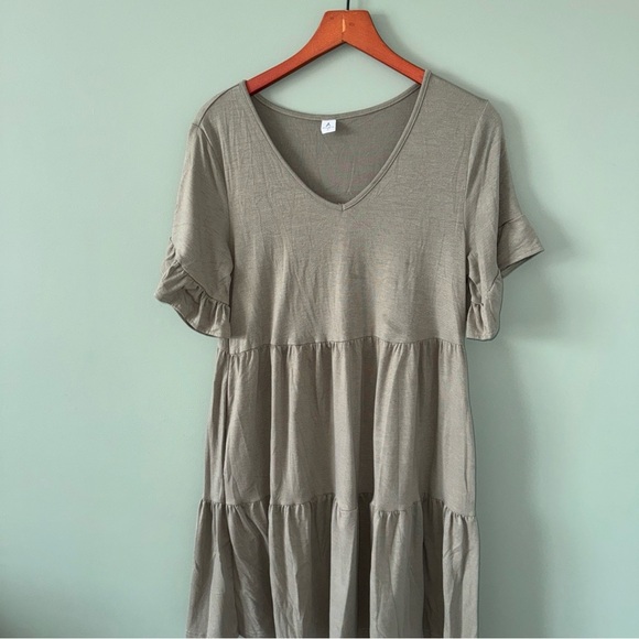 ANRABESS Womens Sage Green Dress Size Small Round Neck Short Sleeve Tiered - Picture 2 of 9